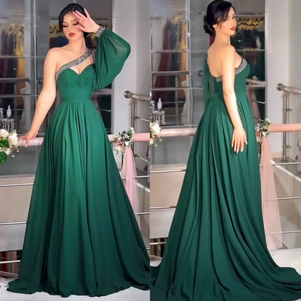 

Customized Classic Exquisite Chiffon Pleat Rhinestone Beading Sequined A-line One-shoulder Long Dresses Bespoke Occasion Dresses