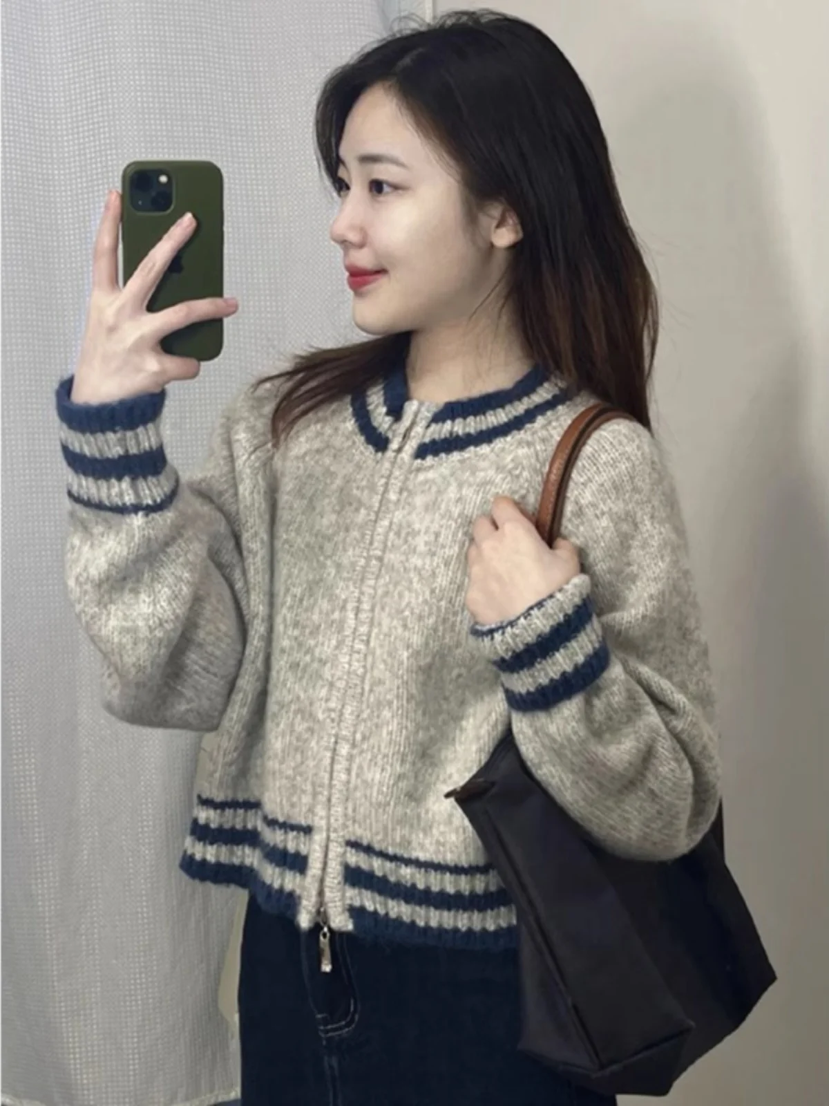 

ay Knitted Baseball Sle Sweater Coat Women's Loose Fit Double Zipper Spring Autumn New Sle Faionable ort Top