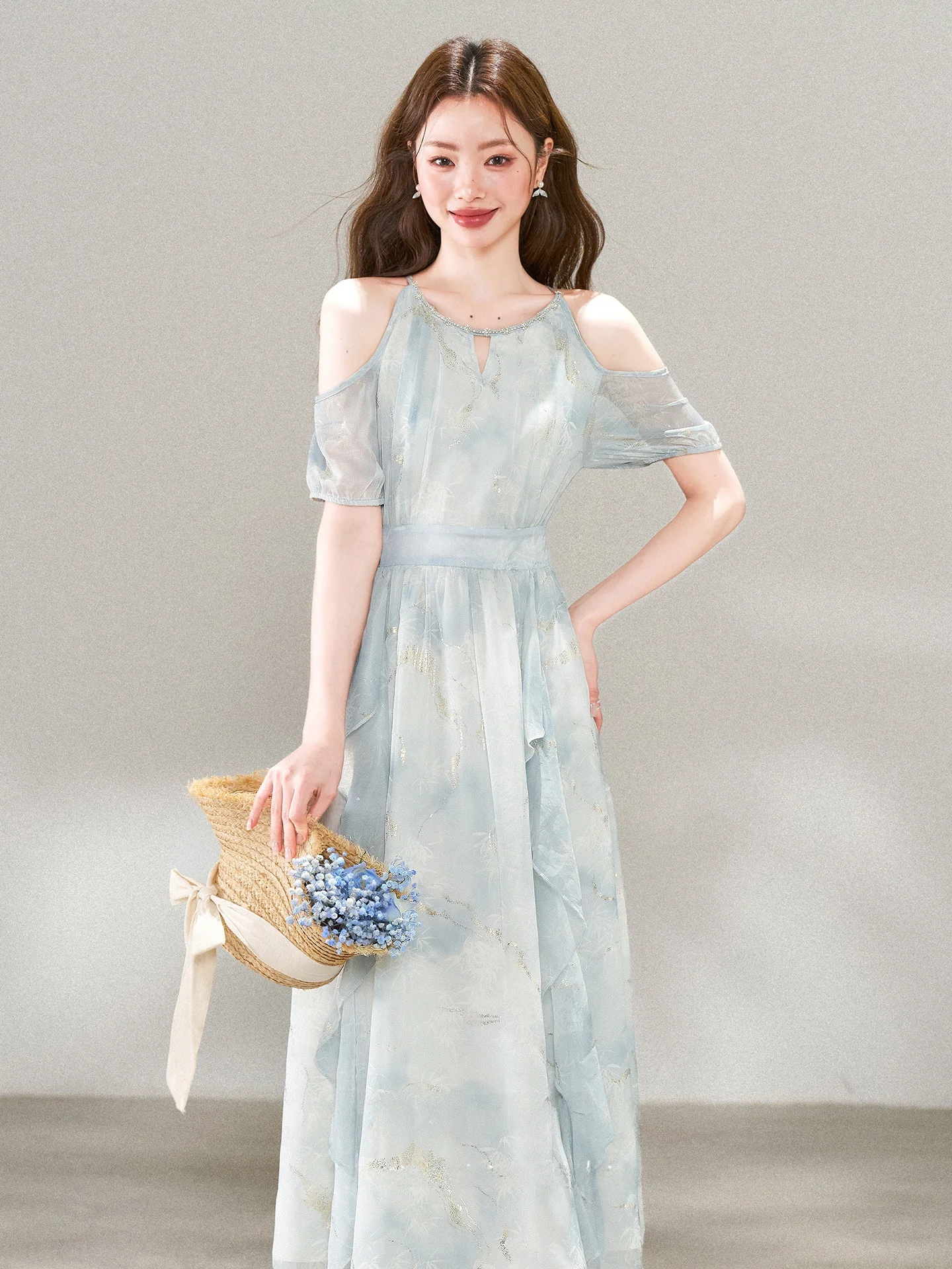 

Summer New Blue Floral Print off Shoulder Neckline Dress Women's High Waist A-Line Dress Soft Comfortable Short Sleeve Zipper...