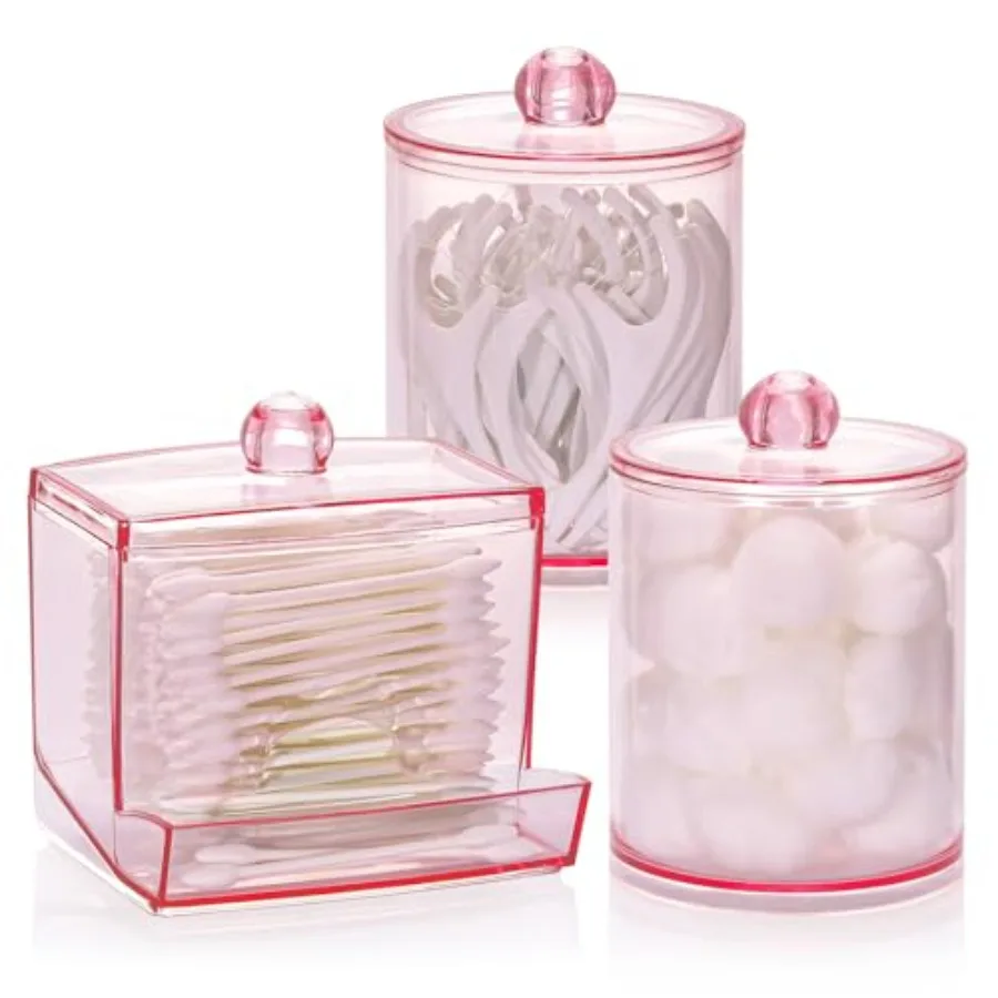 Pink Qtips Dispenser Bathroom Container, 10/12 oz Big Cotton Ball Holder, Apothecary Jar Organizer for Storage Cotton Swab, Rou