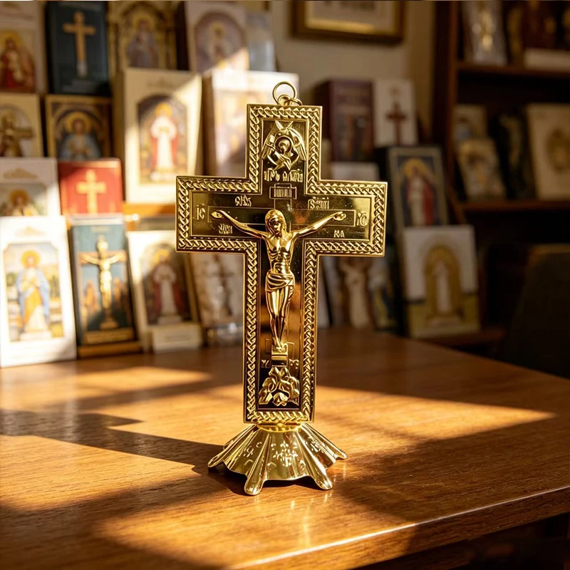 Neues 2026er Verziertes Goldfarbenes Tischkreuz mit Jesus-Statue und Sockel für den Altar im Haus Orthodoxer Christen zum Beten und Ausstellen – Detail 3