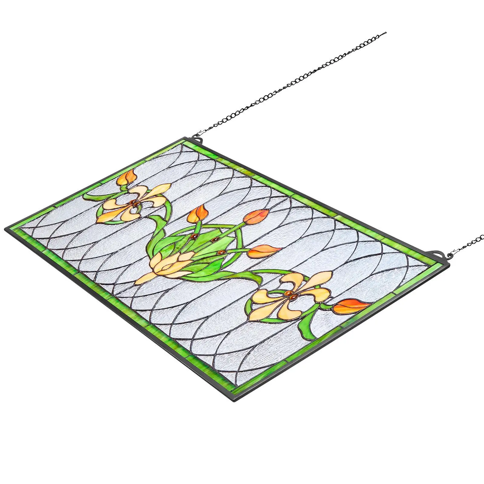 Stained Glass Hanging Window Panel 32 x 17 Inch Horizontal Decorative Art Glass Transom with Chain for kitchen Home Decor