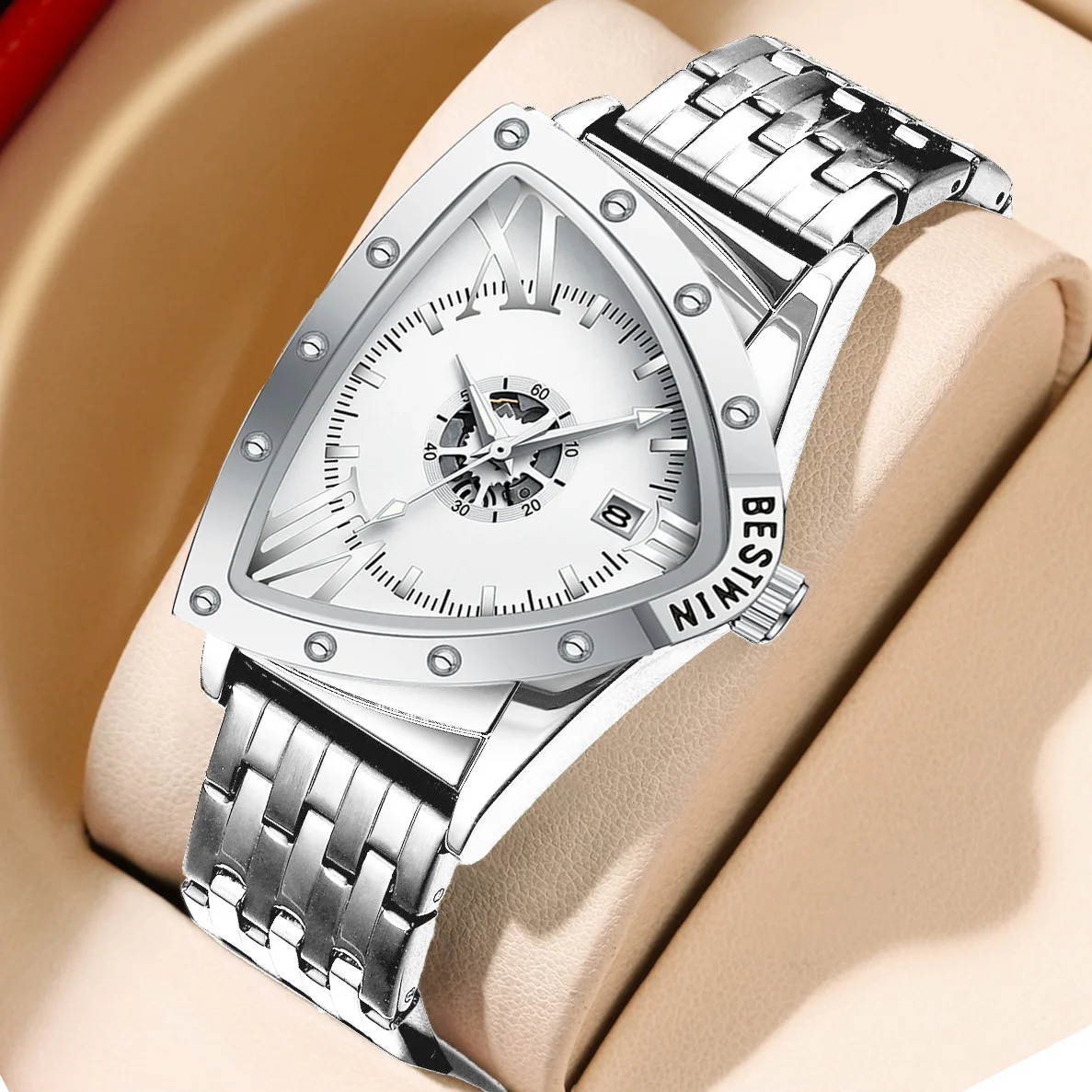 

Creative Silver Quartz Watch with Triangular Dial Stainless Steel Strap Fashion Calendar Clock Male Bracelet