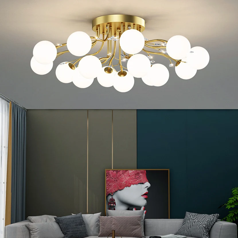 Lustre de plafond en boule de verre de luxe, lustre étoilé LED moderne, salon, magasin, décor intérieur, plafonnier de chambre doré