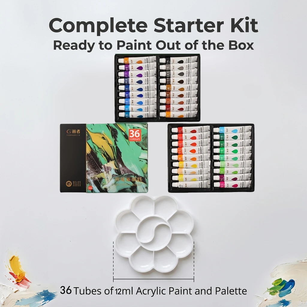 Acrylic Painting Kit for Students - 12/18/36 Colors Pigments Palette 10 Sheets 10x10cm Watercolor Paper Set