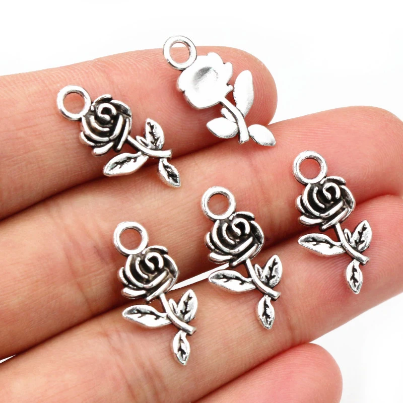 40pcs 21x10mm Antique Bronze Plated Flower Rose Handmade Charms Pendant:DIY for bracelet necklace