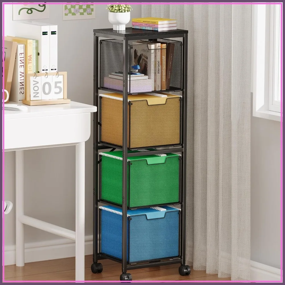 

4 Drawer Vertical File Cabinet, Rolling File Cart with Wheels, Hanging File Organizer for Home Office, Black