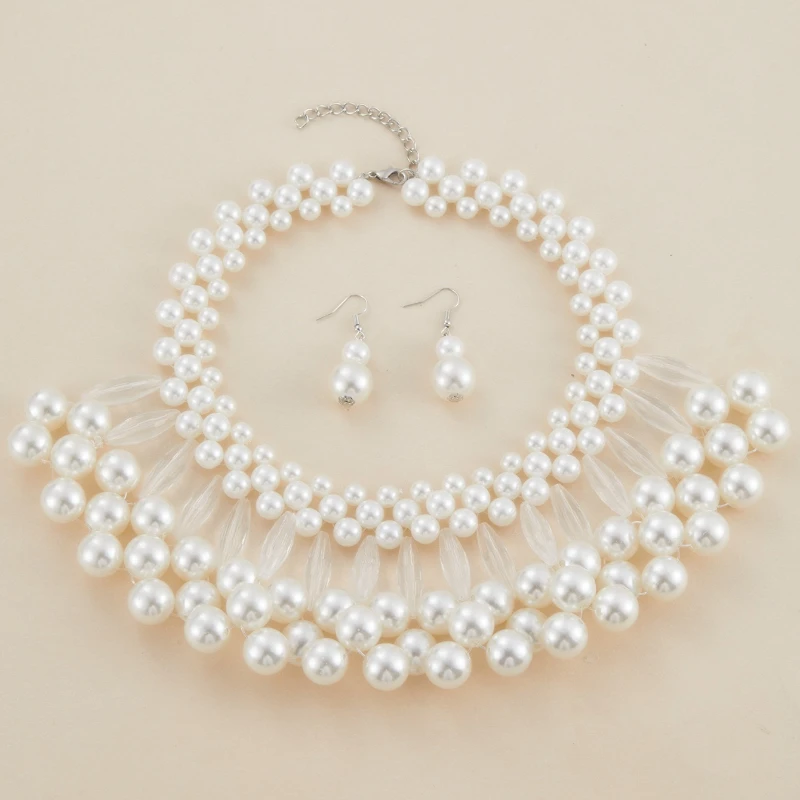 2 Teile/satz Handgemachte Imitation Perle Mehrschichtige Halskette Ohrringe, Frauen Persönlichkeit Übertrieben Design Party Schmuck Geschenke – Detail 4