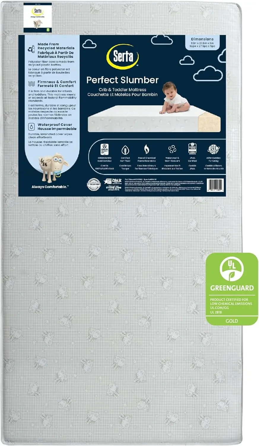 Perfect Slumber Dual Sided Crib and Toddler Mattress - Waterproof - Hypoallergenic - Premium Sustainably Sourced Fiber Cor