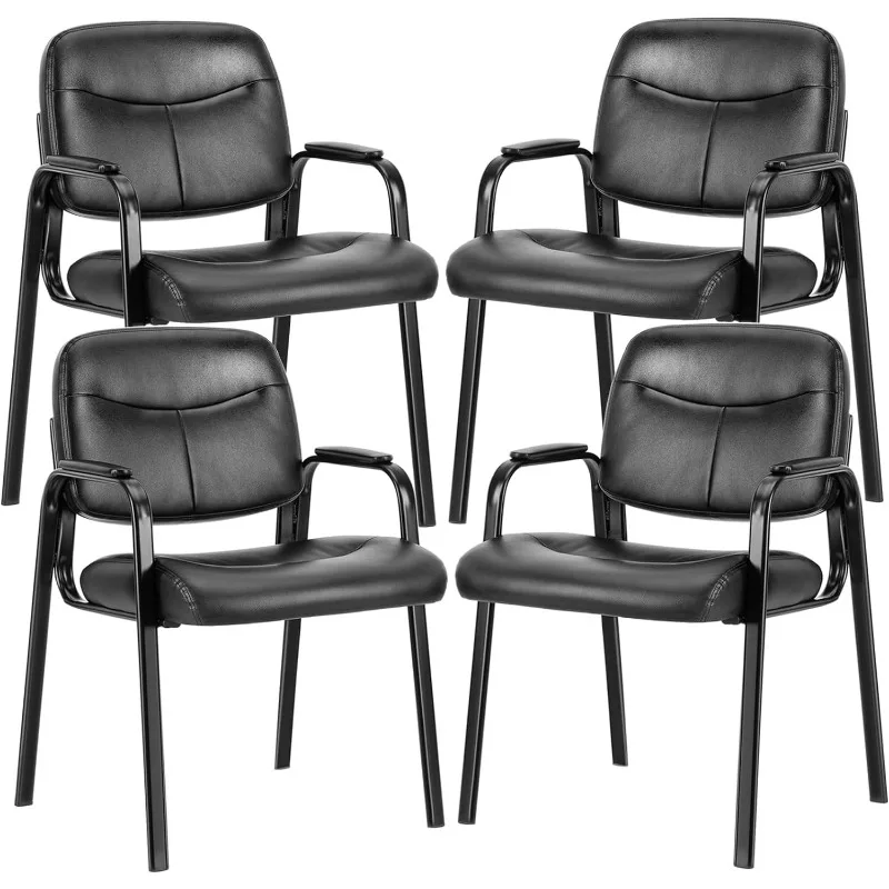 Waiting Room Chairs No Wheels Set of 4, Leather Stationary Office Reception Guest Chair with Padded Arms