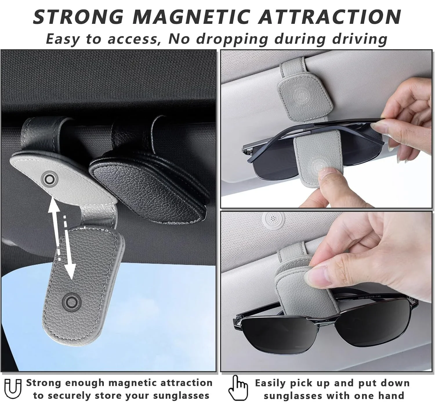 Sunglasses holder suitable for car sun visors, magnetic leather sunglasses clip and car clip