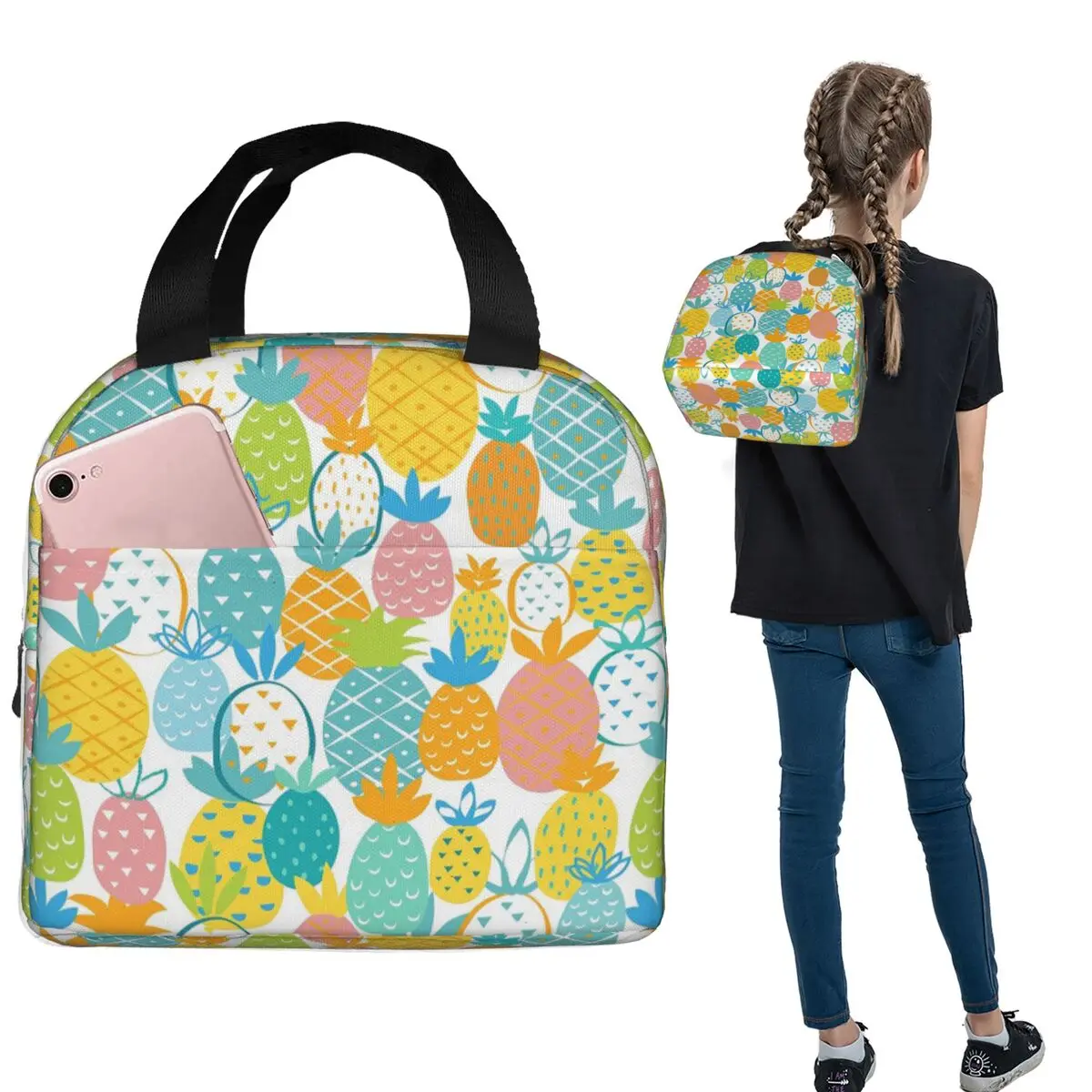 

Colorful Tropical Pineapple Pattern Insulated Lunch Bag for Women Children Portable Food Boxes Thermal Lunch Box Tote