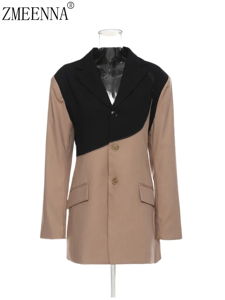 

ZMEENNA Khaki Irregular Contrast Color Big Size Blazer Women New Lapel Long Sleeve Jacket Fashion Tide Spring Autumn 2024 ZM60