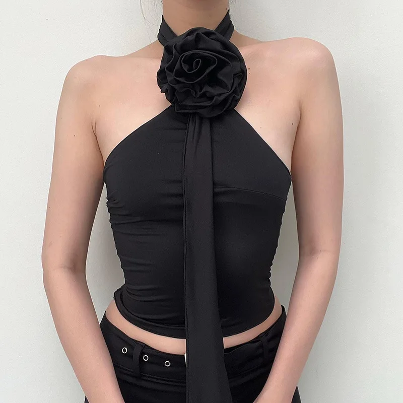 Summer Black Sexy Tank Tops For Women New Solid Appliques Sleeveless Backless Streetwear Crop Top Fashion Casual Camisole Female