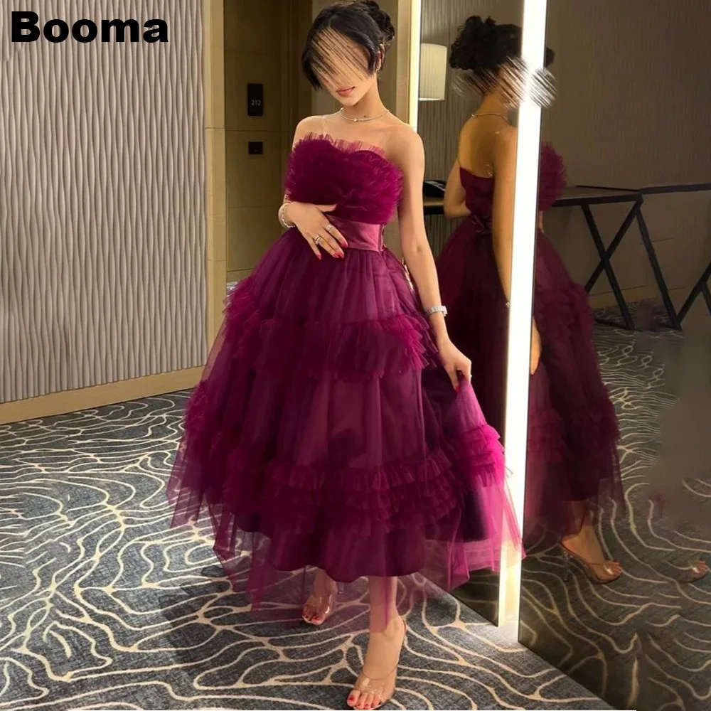 

Booma A Line Short Prom Dresses Strapless Tiered Tulle Ankle Length Evening Dresses for women 2023 Saudi Arabia Formal Gowns