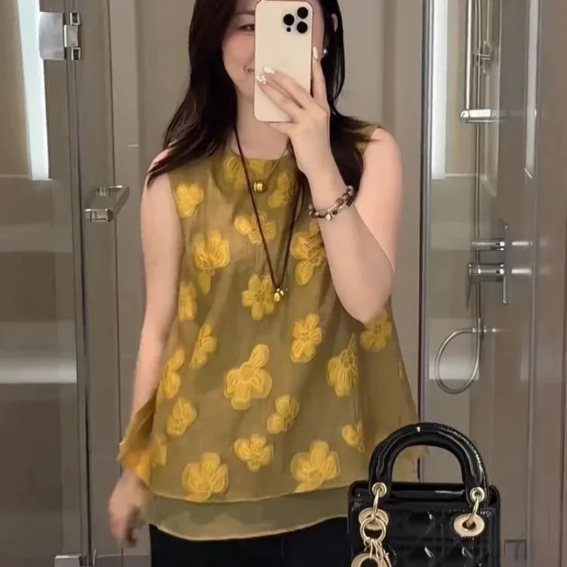 

Рубашки с 3d цветочной вышивкой, женская одежда, Blusas Mujer De Moda, шикарные блузки без рукавов с круглым вырезом, свободные винтажные блузки, топы