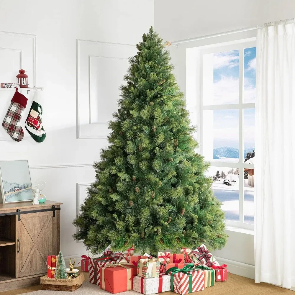 

Artificial Christmas Tree with Pine Cones, Foot Pedal, 1556 Branch Tips, 750 Warm Lights and Metal Stand, Christmas Tree