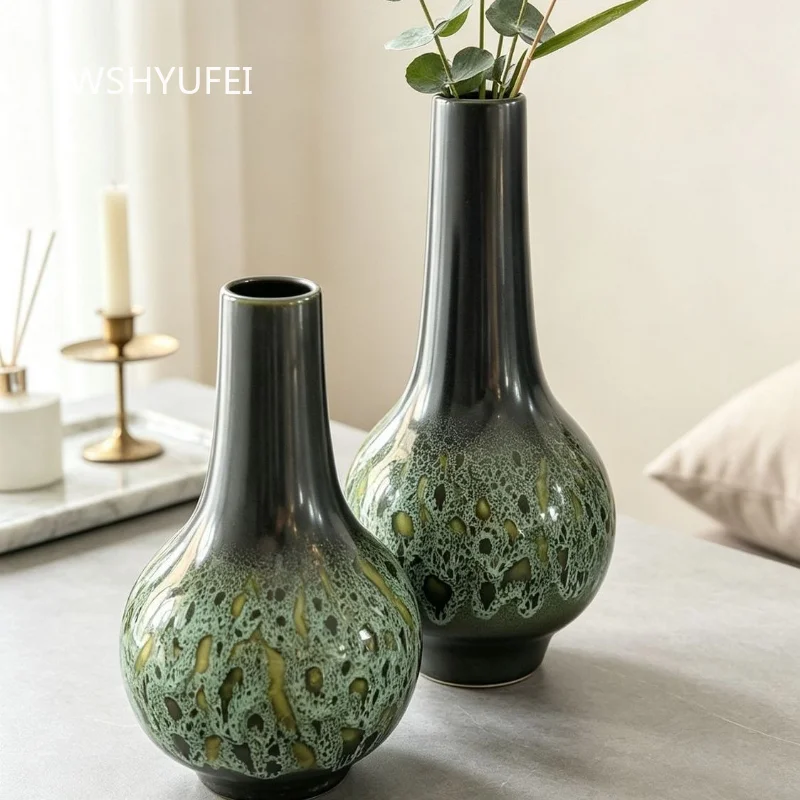 1pc Kiln Changed Green Texture Ceramic Vase Long Neck Porcelain Bottle Modern Home Tabletop Flower Arrangement Decorative Vase