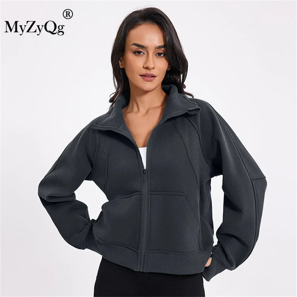 MyZyQg Women Zipper Autumn Winter Sweatshirts Velvet Stand-up Collar Sports Coat Windproof Warm Loose Casual Sweater Yoga Top