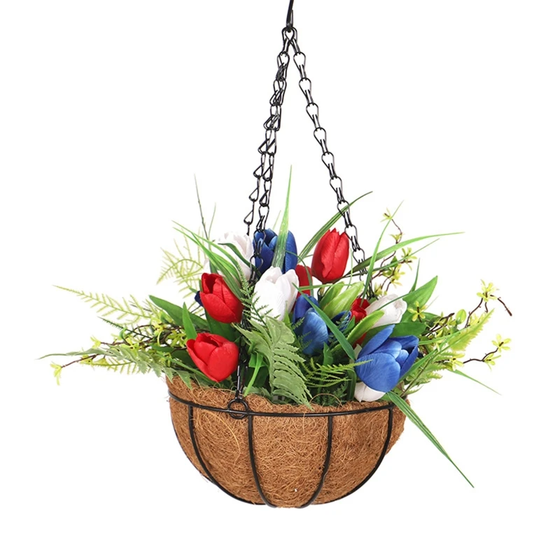 Metal Coir Hanging Basket Red White Blue Tulip Flower Pot Organizer Holder for Indoor Outdoor Garden Yard Decoration