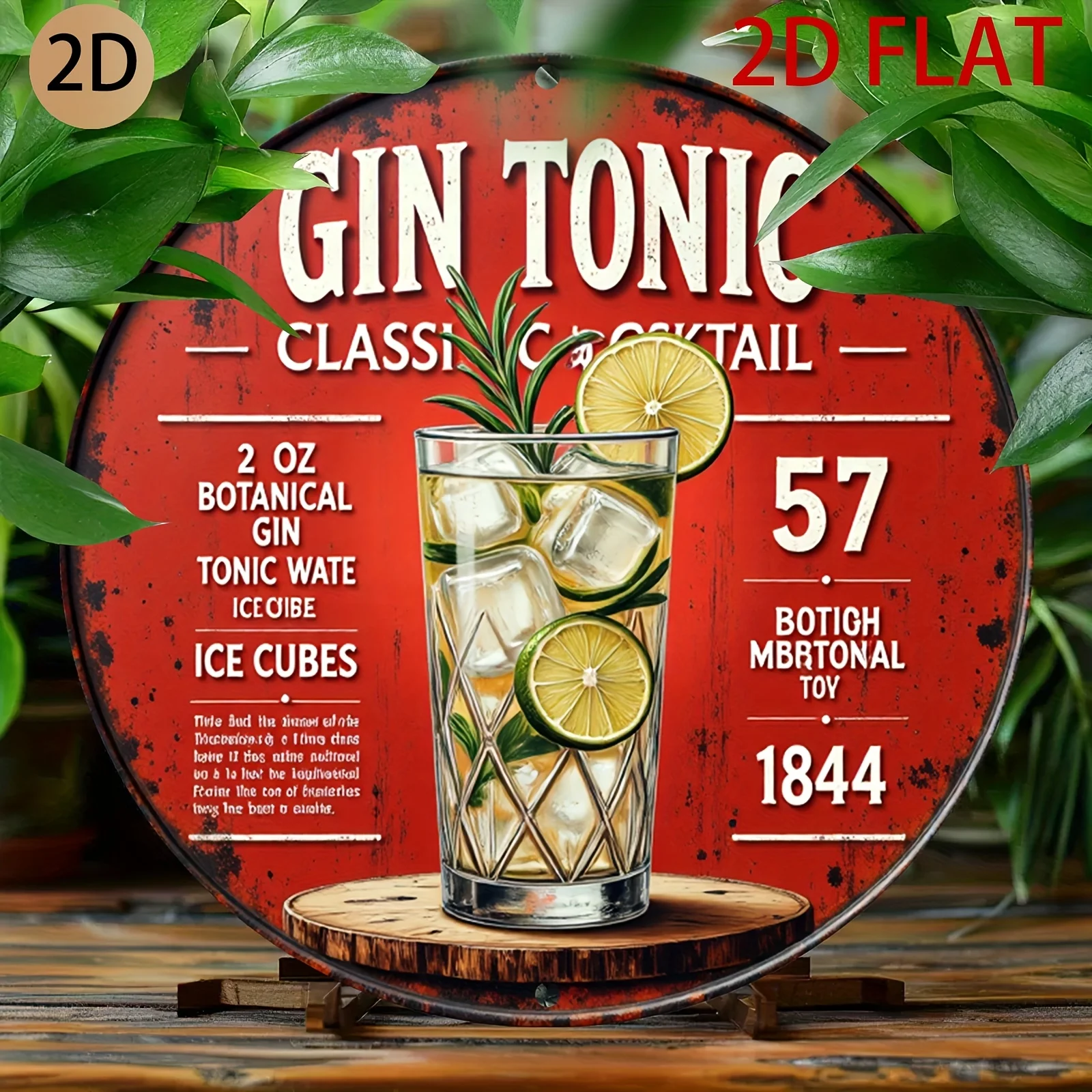 [2D Flat] A Vintage-Style Round Tin Sign Featuring Gin Tonic, Perfect for Decorating a for home Bar Or Café