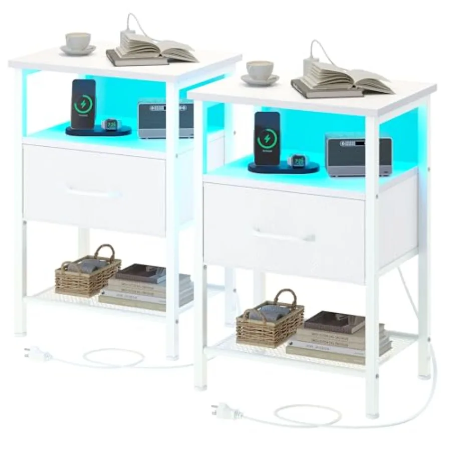 

Night Stand Set 2 End Table with Charging Station LED Bedside Table with Fabric Drawer for Bedroom 3-Tier Side Table with Open