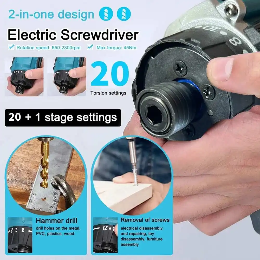 Drillpro Brushless Electric Impact Drill Screwdriver 20+1 Rechargeable Cordless Electric Drill Screw Driver for Makita Battery