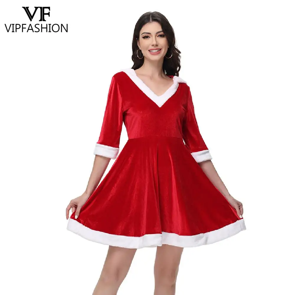 女性のためのフード付きサンタクロースドレス,赤いベルベットドレス,半袖,Vネック,セクシーなクリスマスウェア,パーティーコスチューム,VIPファッション
