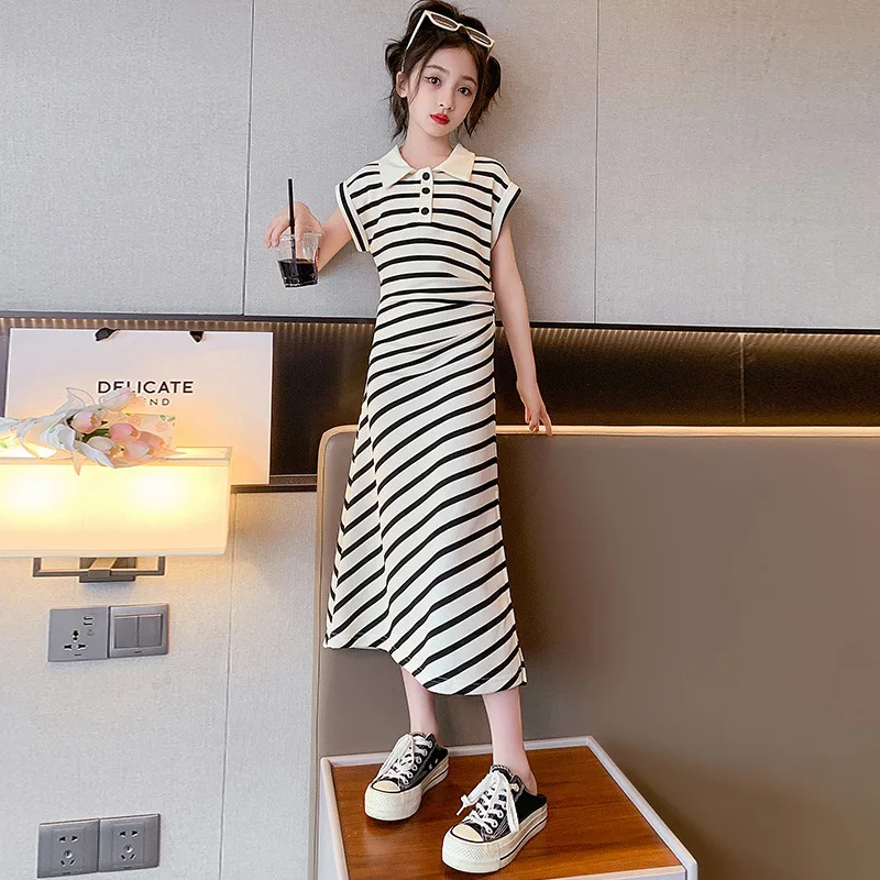 Girls Dress Summer Teenage Striped Dresses Baby Vestidos Kids Tee Dress Children Fashion Clothes X Long Rib Knit Split 5-14Yrs