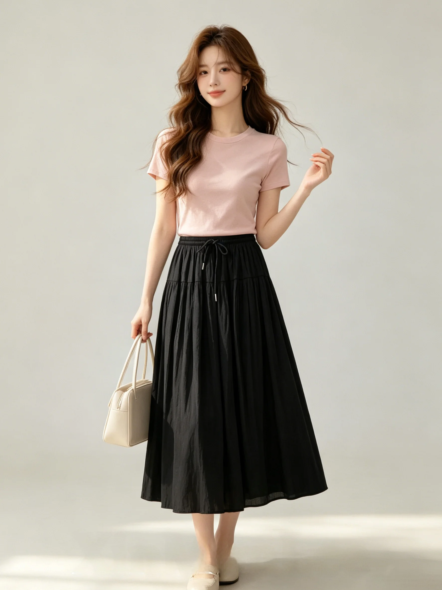 

Korean Style High Waist Pleated Midi Skirt Skin-friendly Breathable Summer Drapey Versatile Slimming Korean Mid-length Skirt