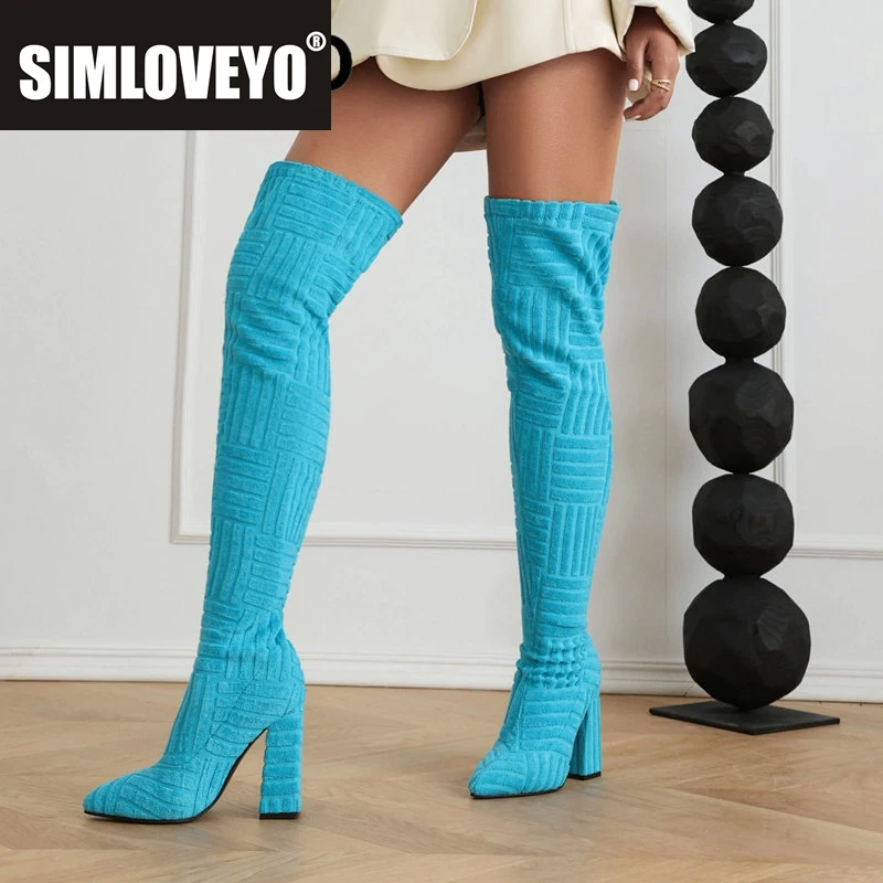 Botas hasta el muslo con diseño SIMLOVEYO, tacones altos gruesos con punta estrecha, trozo de 10,5 cm, talla grande 41 42 43 44, zapatos clásicos de moda para fiesta