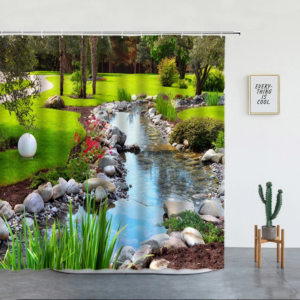 

Spring Garden Landscape Shower Curtains Green Plants Flowers Creek Natural Scenery Bath Curtains Bathroom Decor with Hooks