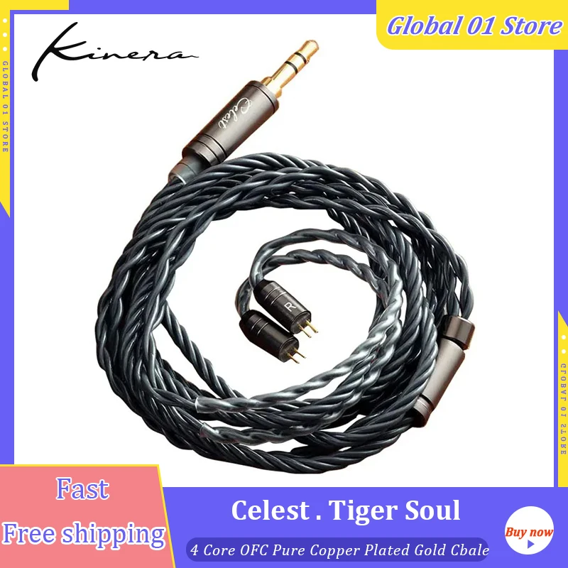 キネラ-純銅メッキイヤホンケーブル,ofcプラグ,ゴールドヘッドホンケーブル,Celest Soul Tiger,0.78mm, 2ピンアップグレード,4コア,3.5mm
