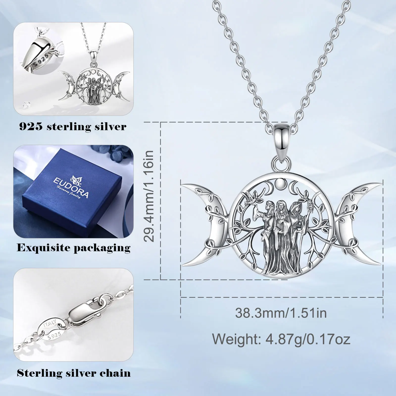 Eudora 925 Sterling Silver Triple Moon Goddess Necklace Vintage Hecate Amulet Pendant Triple Goddess Jewelry Gift for Women Man