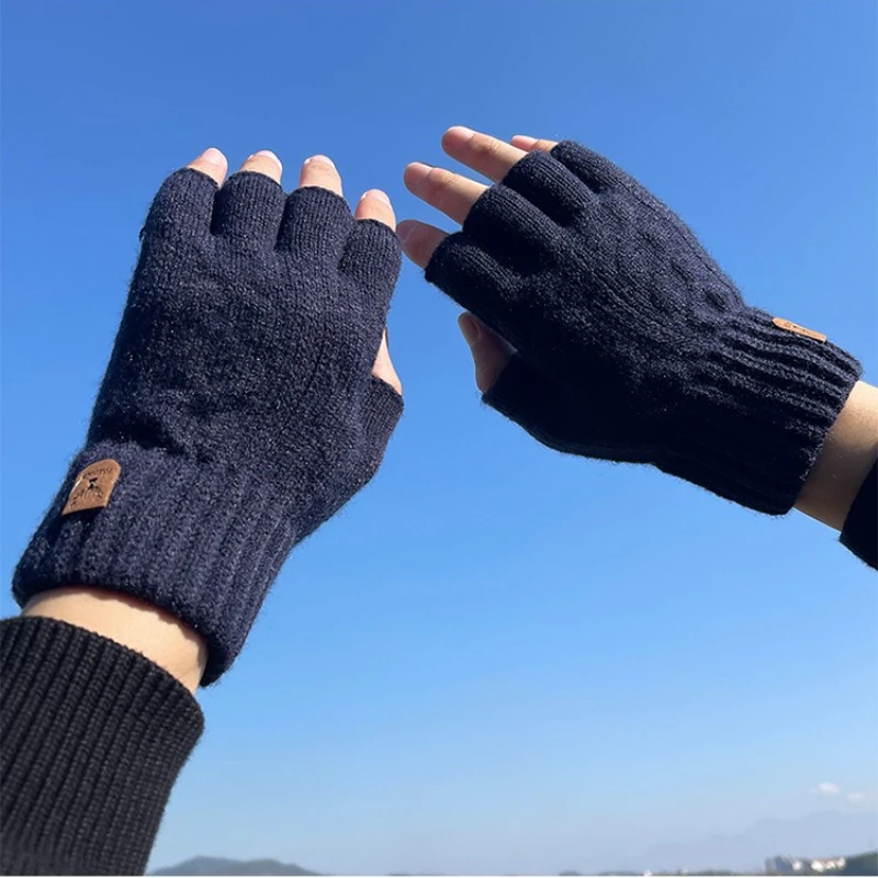 Knitted Half Finger Gloves Winter Thicken Warm Touch Screen Gloves for Men Women Writing Office Cycling Driving Student  Mittens