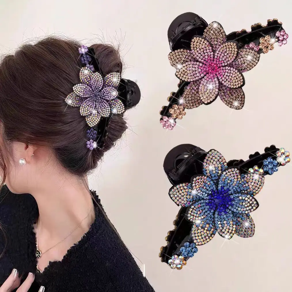 1 Stück Elegante Strass-Blumen-Haarklammer Damen Haarspange für den Hinterkopf – Detail 2