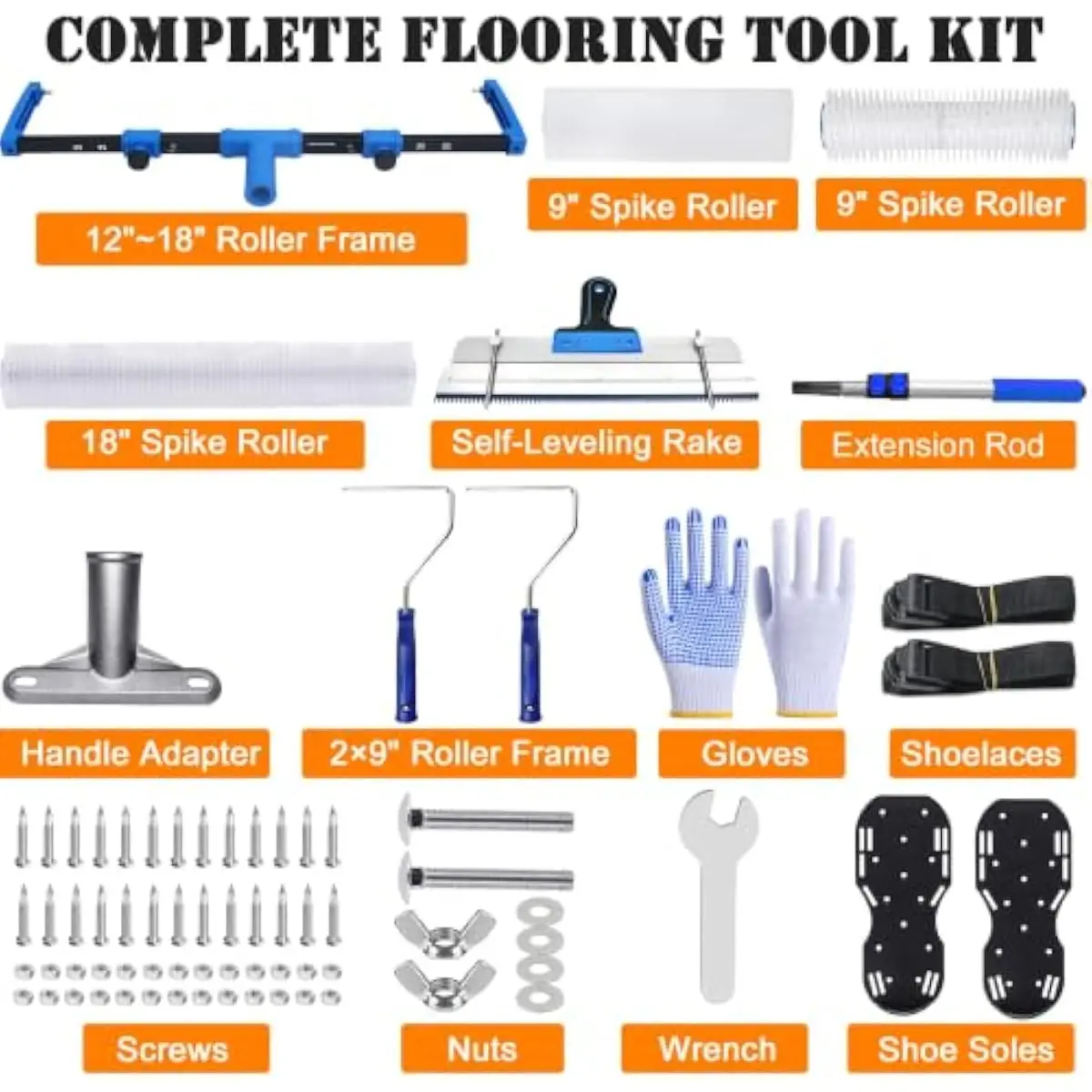 Self Leveling Floor Kit with 18 Inch Spike Roller and Gauge Rake, 9 Inch Roller, Paint Applicator, Telescoping Handle, Anti Slip
