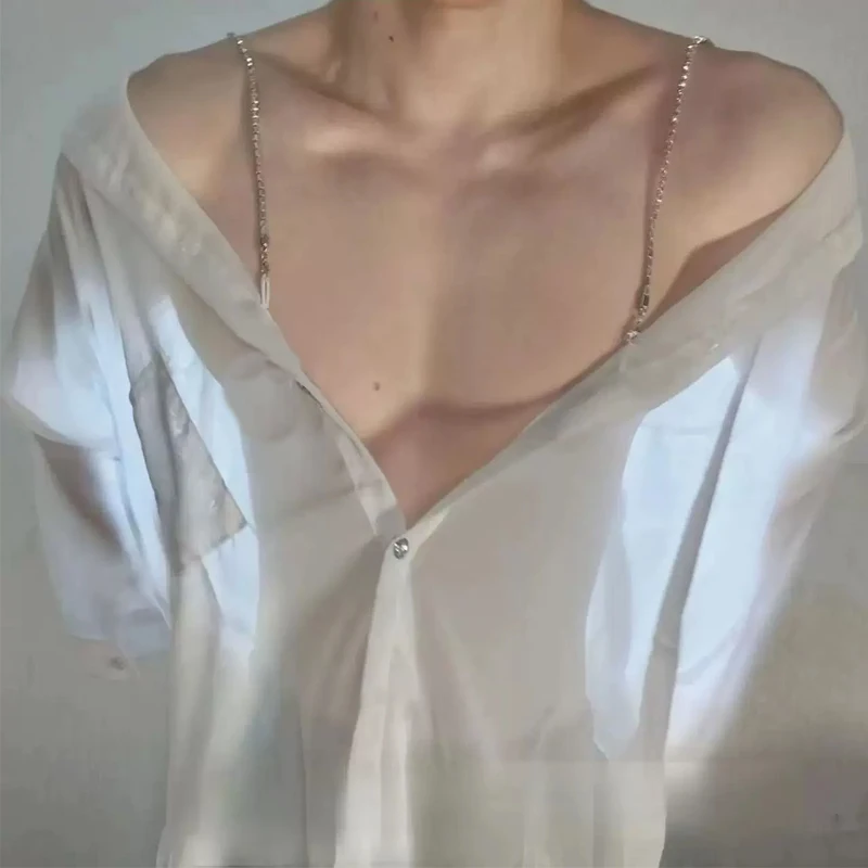 Men Sexy Strap Diamond Chain Shirt Sleepwear Cross-dressing Sissy Sexy See-Through Thin Role-playing Uniform Lingerie