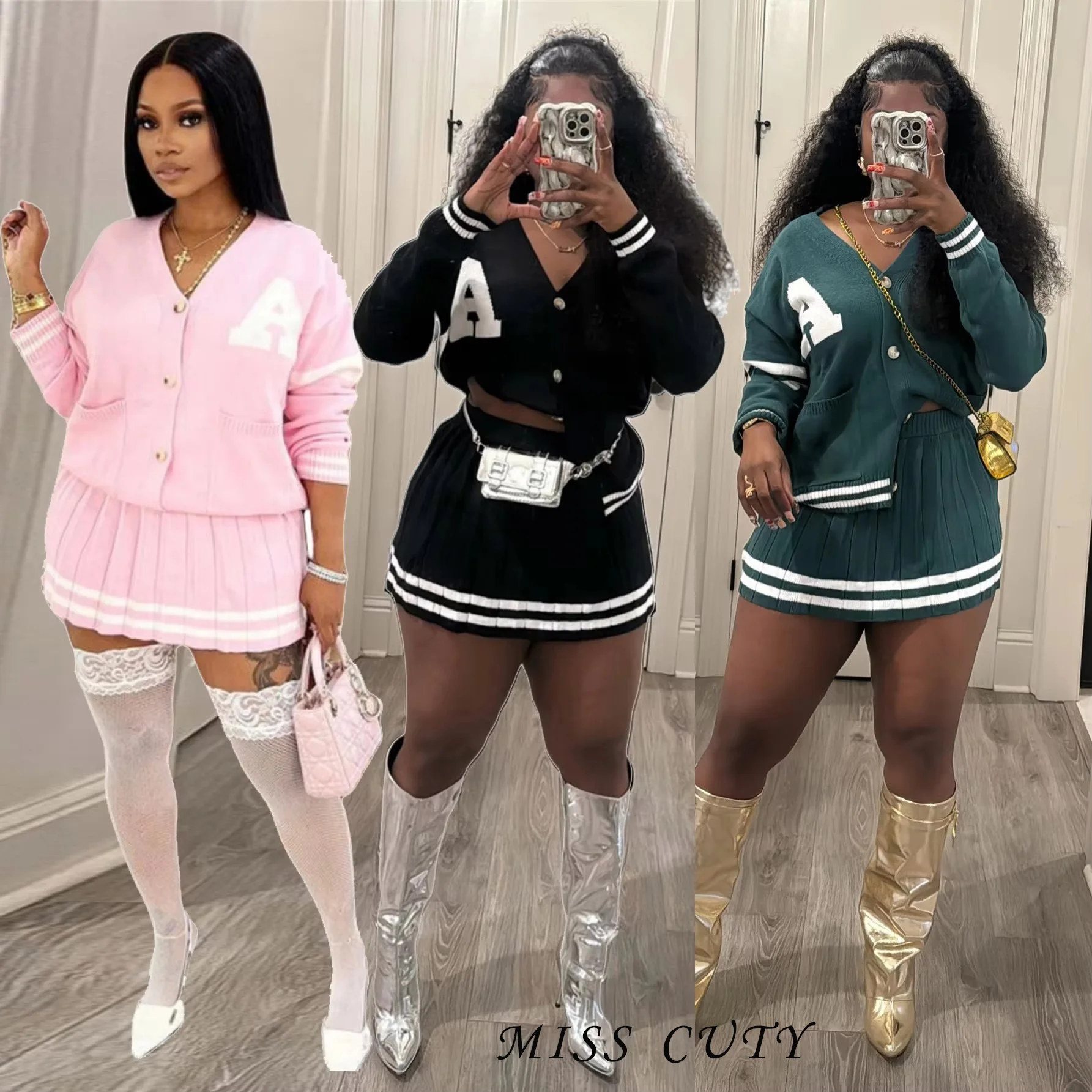 Knitted Sweater Tops 2 Piece Set Pleated Dress Women Y2K Streetwear Sexy Club Crocheted Dress Two Piece Set Skirts Outfits