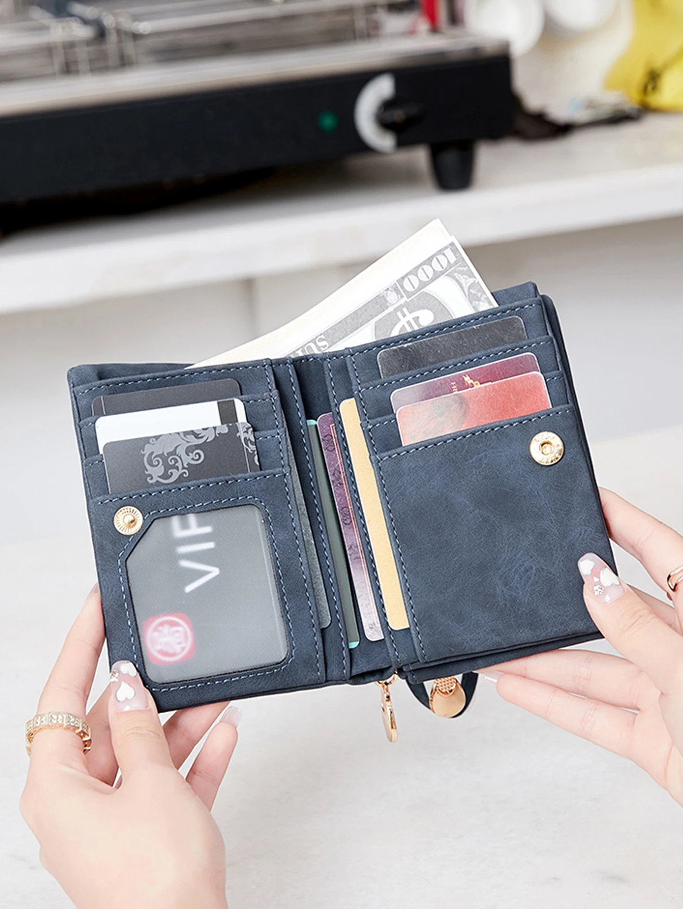 Retro double fold PU leather short wallet with zipper coin pocket multiple card slots and wrist band casual portable card clip
