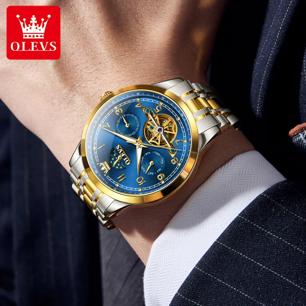 ساعات OLEVS أوتوماتيكية للرجال ساعة يد ميكانيكية أصلية فاخرة بهيكل عظمي توربيون بتقويم كلاسيكي لرجال الأعمال #6