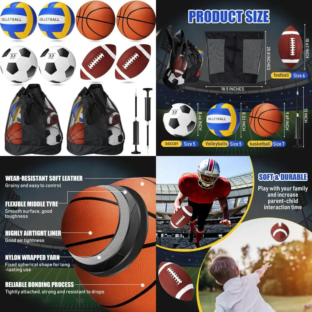 Set Bola Olahraga Lengkap 8 Buah dengan 2 Tas Peralatan dan 2 Pompa untuk Segala Usia: Bola Basket, Sepak Bola, Bola Voli