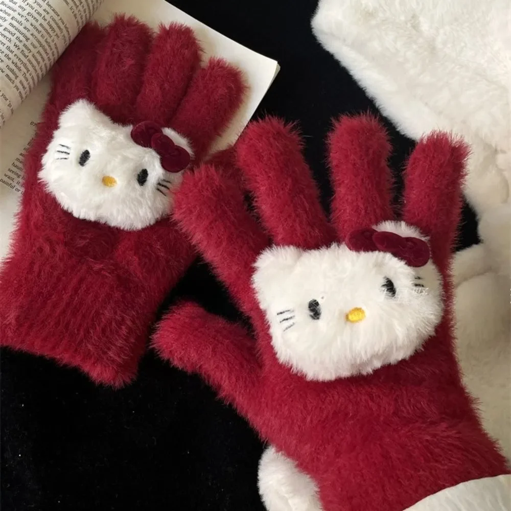 

Miniso Hello Kitty Gloves Kawaii Cute Retro Red Plush Warm Gloves Autumn/Winter Outdoor Cycling Antifreeze Couple Gloves