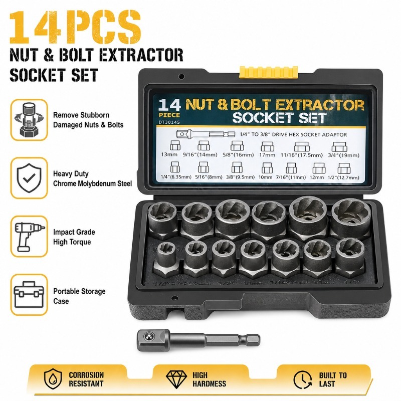  14Pcs Damaged Nut Bolt Extractor Impact Socket Set Heavy Duty Remover Tool for Auto Repair Garage with Portable Storage case 