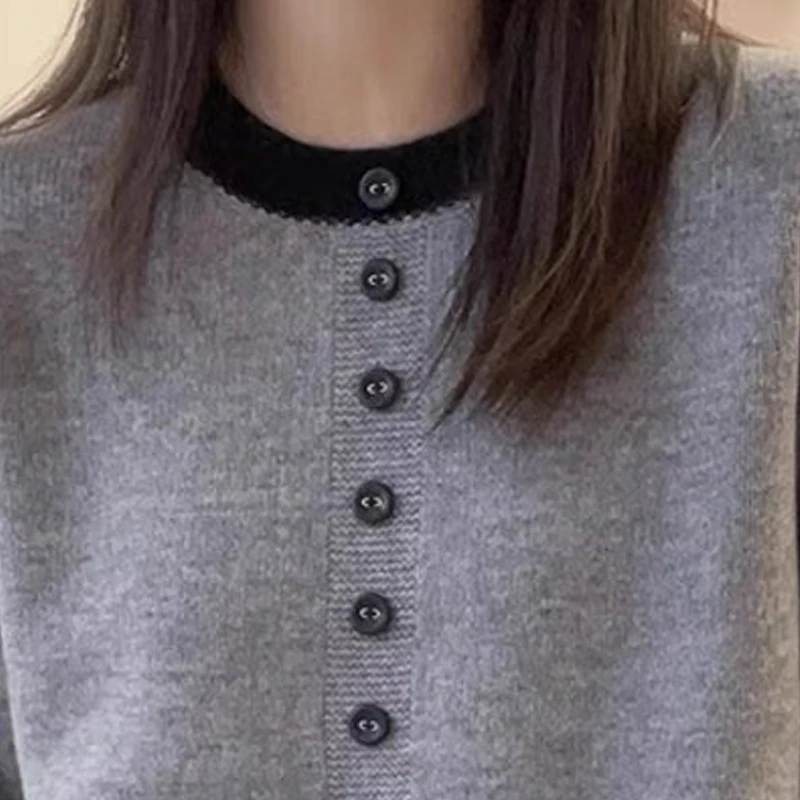 Ladies' Fashion French Base Sweater Top Autumn/Winter New Button Decoration Inner Knitted Women Clothing Grey Commuting Sweater