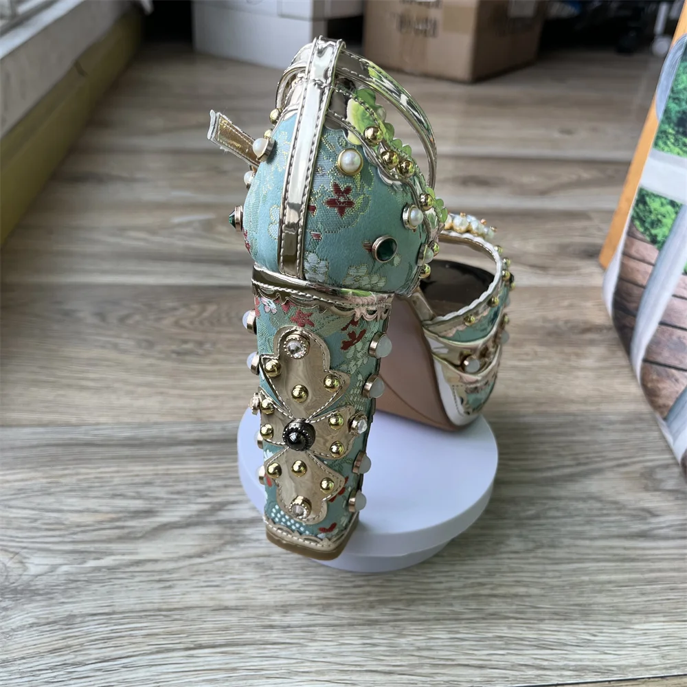 Luxury Pearl Rhinestone Design Sunflower Open Toe Sandals Retro Wedding Bride 14cm High Heels New Sexy Summer 34-43 Women Shoes