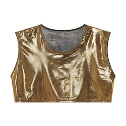 Tops Men's Sleeveless Shiny Faux Leather Crop Top Crew Neck Tee Blouse for Hippy Parties (Golden/Silver/Black)