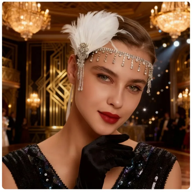 Roaring 20s Feather Headband - Gatsby Style Rhinestone Tiara for Bridal Jewelry & Flapper Party Hair Accessories
