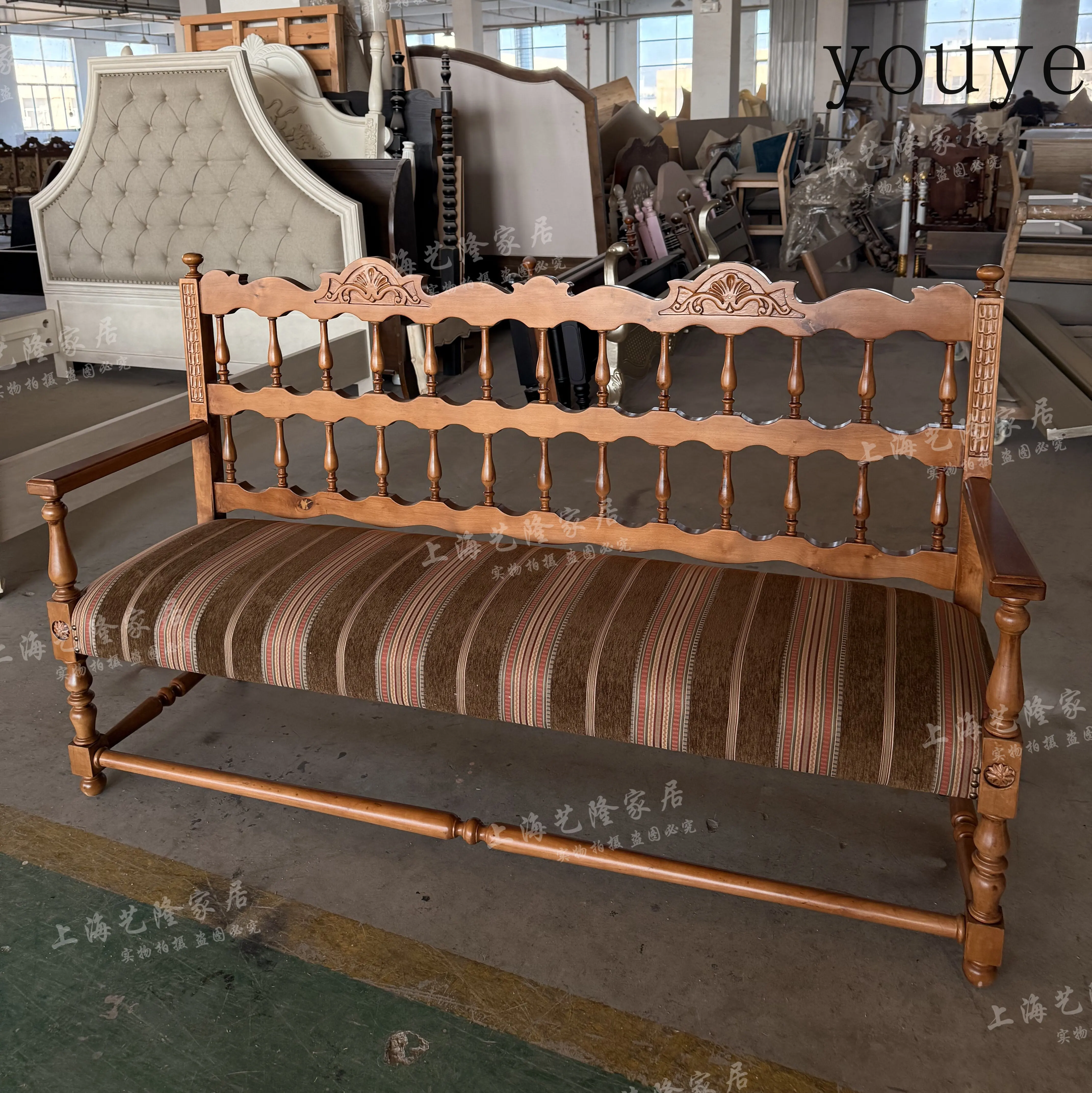 American French old sofa chair medieval solid wood carving double sofa retro striped seat cushion living room studio