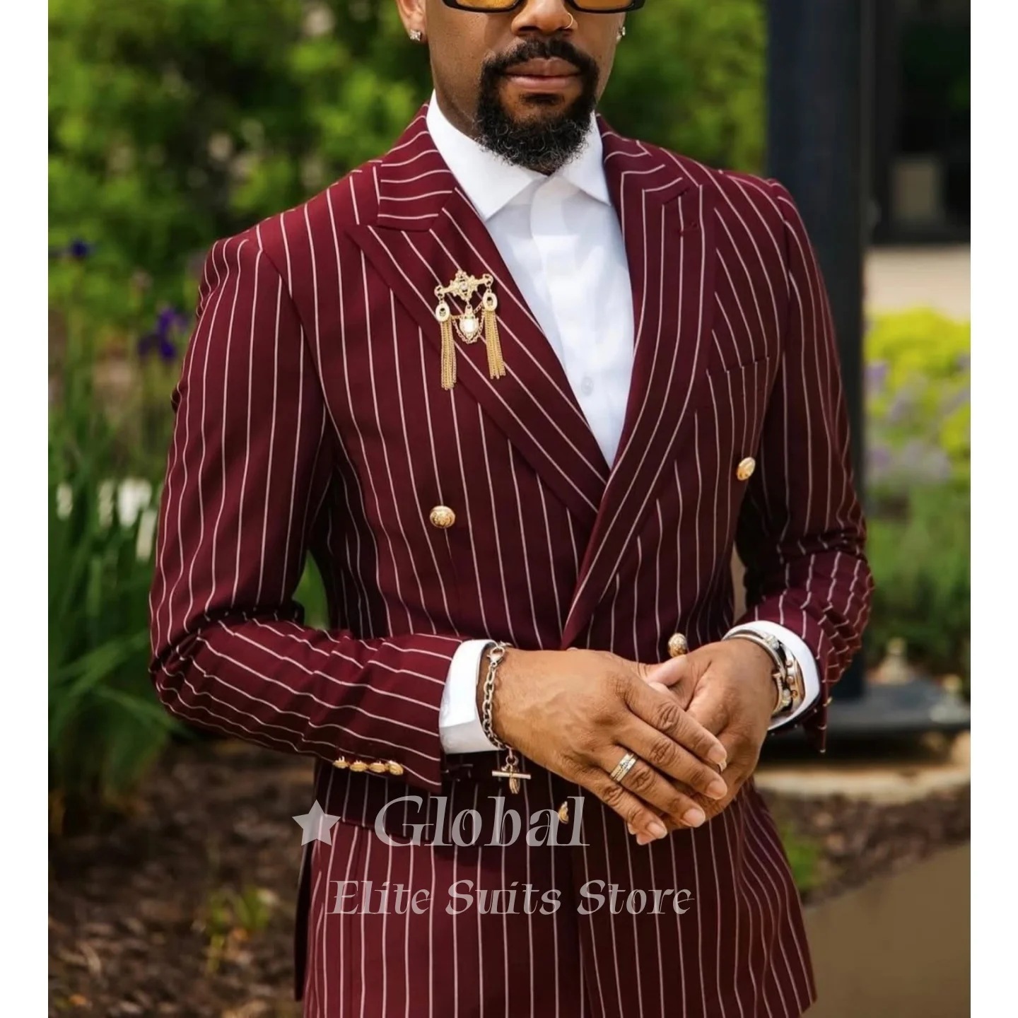 Vintage Retro Mens Burgundy Pinstripe 2 Piece Suit Double Breasted Peak Lapel Gold Buttons Pants Wedding Tuxedo Prom Customized